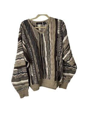 Vintage Lorenzo Men Size L Sweater 3D Coogi-Style 90s Biggie V-Neck Beige Brown